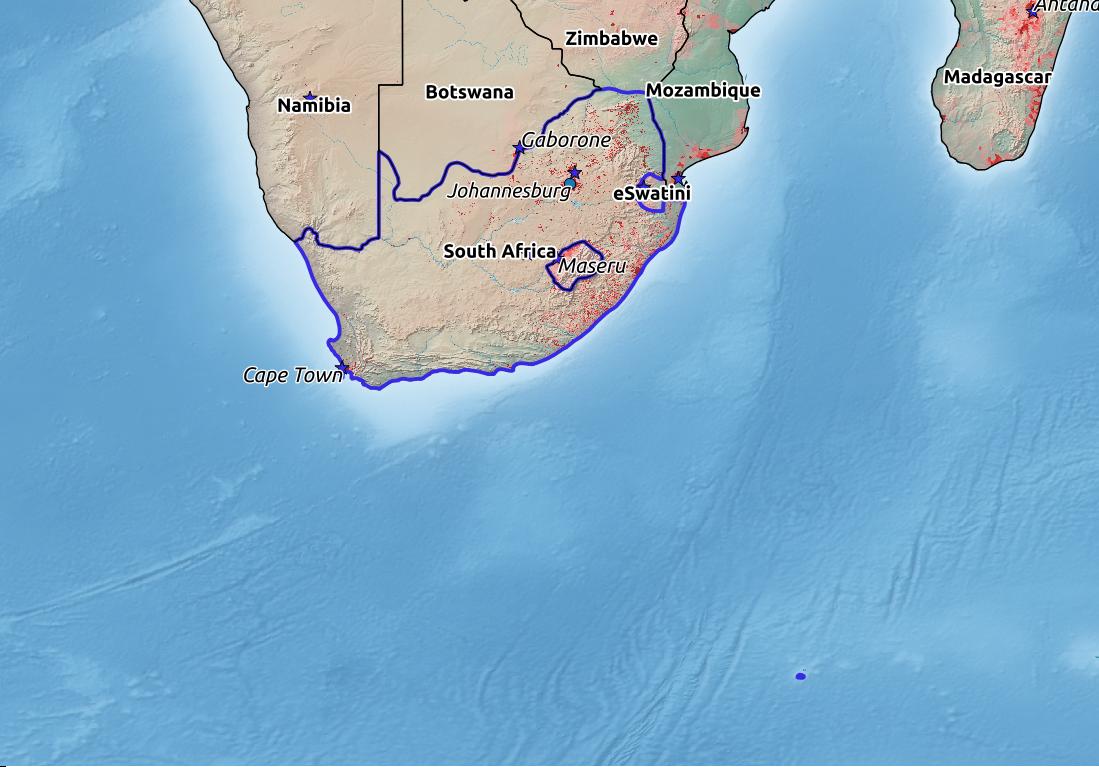 Map of South Africa with world location, topography, capital city, and nearby major cities.